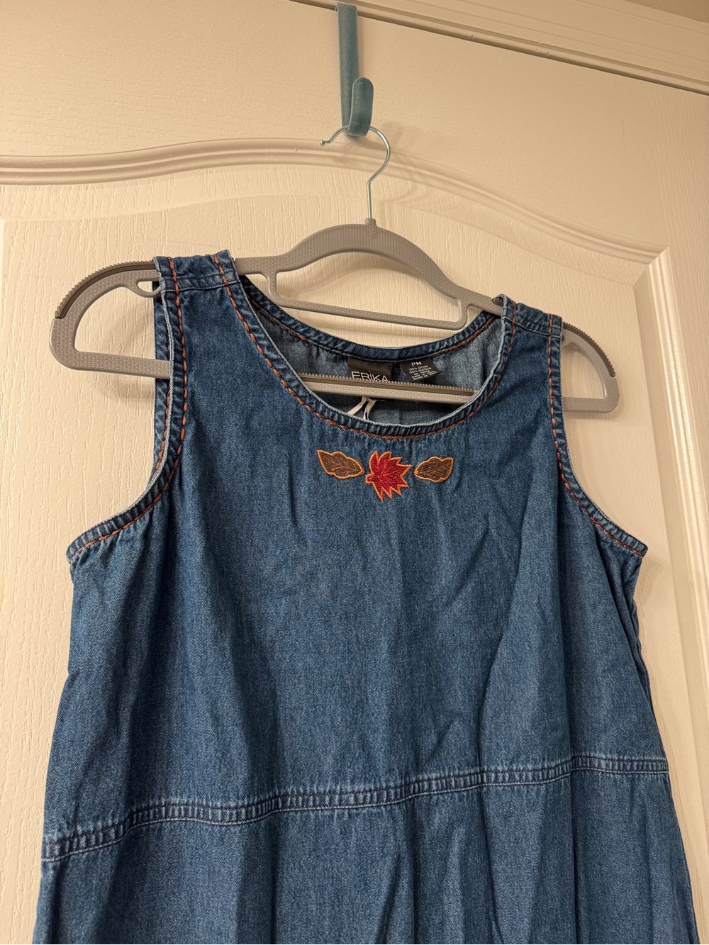 Erika Denim Sleeveless Dress with Red & Brown Embroidery